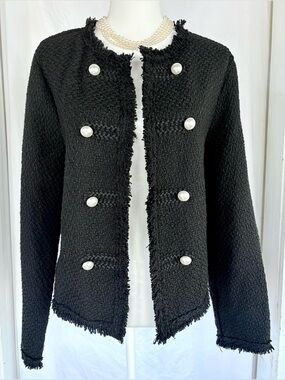 Black Tweed Fringed Pearl Button Crop Cardigan Jacket Plus XXL